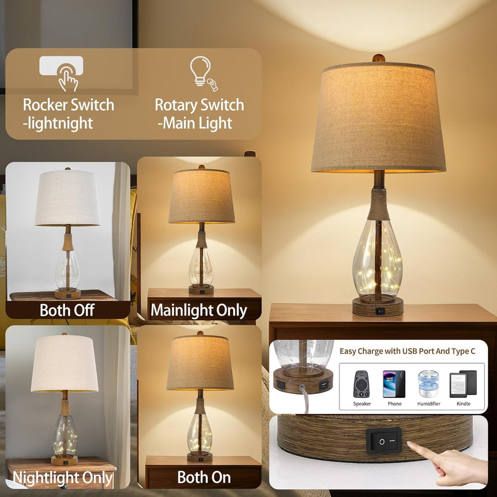 2 in 1 Bedside Table Lamps Set of 2, Farmhouse Glass Lamp, Wood-Like