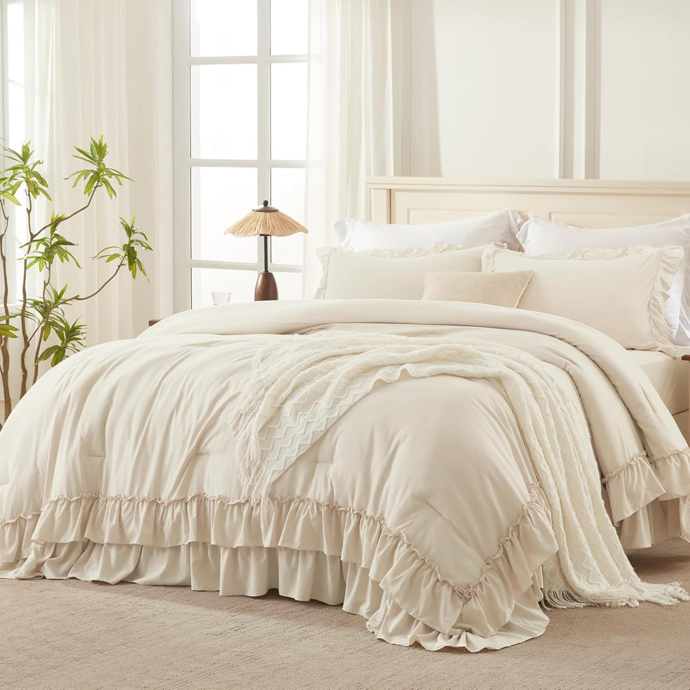 Andency Beige Ruffle Comforter Set King, 3 Pieces Solid Bedding