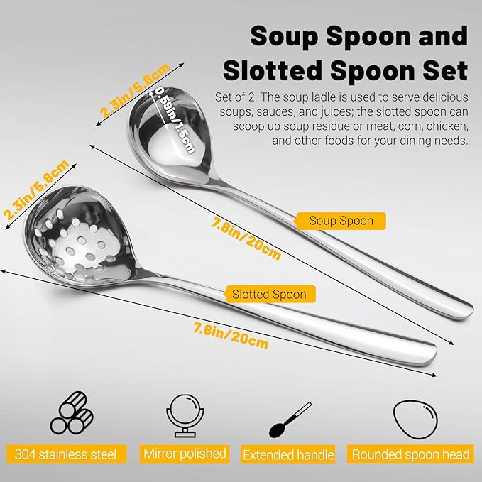 2Pcs Small Ladle and Slotted Spoon, Heavy Duty 304 Stainless Steel Gravy Ladle - Image 2