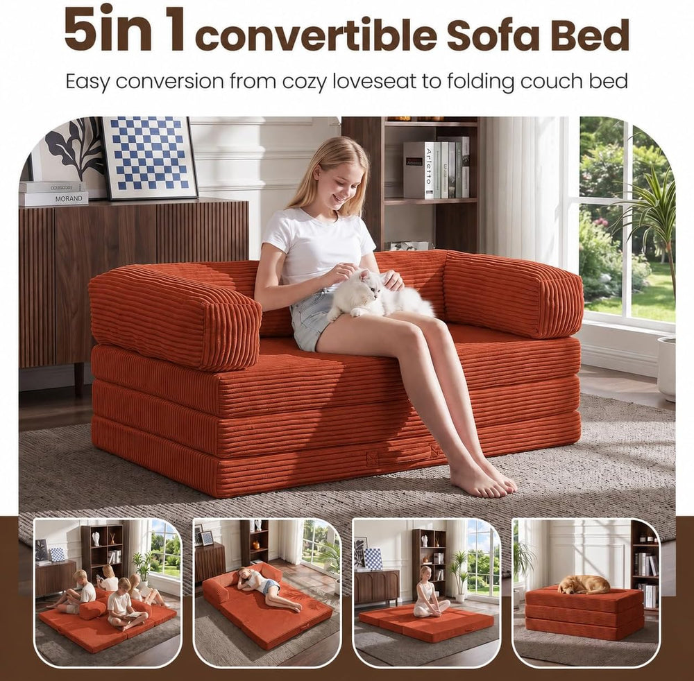 5-in-1 Convertible Sofa Bed,60" Boneless Couch with Pull Out Bed,Tri-Fol...