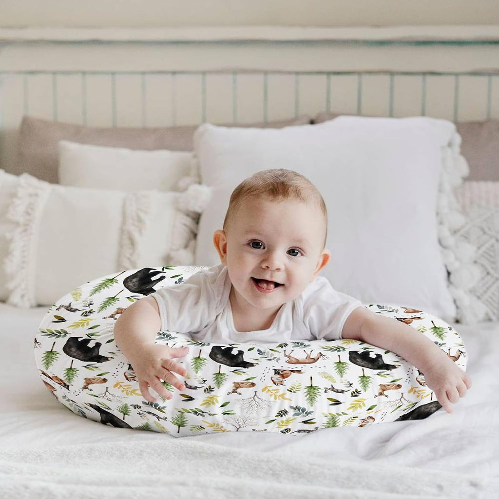 HawSkgFub Forest Animals Creatures Nursing Pillow Cover for Baby Boys, Pine Tree Bear Fox Deer Leaf Breastfeeding Pillow Slipcover, Nursing Pillowcase for Newborn Infant, Cover Only