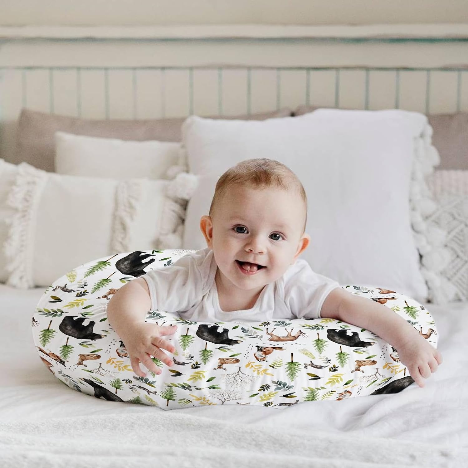 HawSkgFub Forest Animals Creatures Nursing Pillow Cover for Baby Boys, Pine Tree Bear Fox Deer Leaf Breastfeeding Pillow Slipcover, Nursing Pillowcase for Newborn Infant, Cover Only