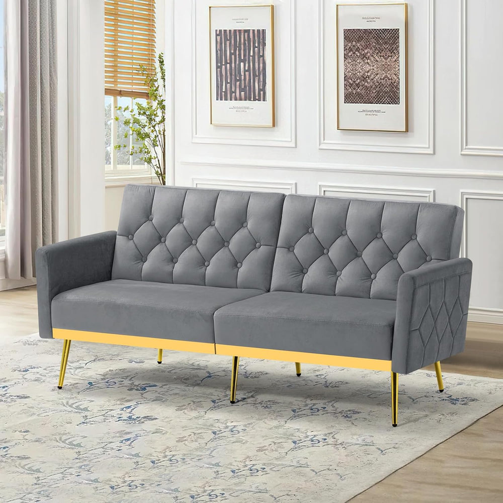 Velvet Sofa Bed w/Adjustable Armrests & Backrests, Grey