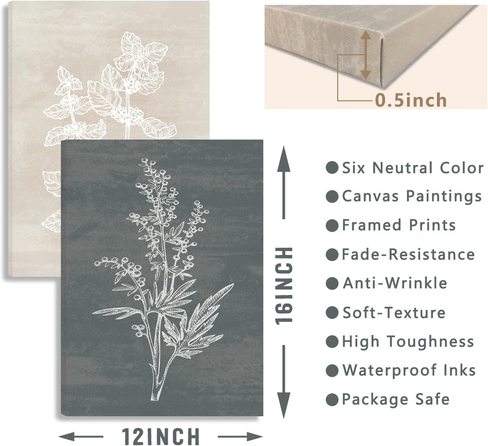 BINCUE Neutral Botanical Canvas Wall Art Simple Plant Wall Decor Rustic Flowe...