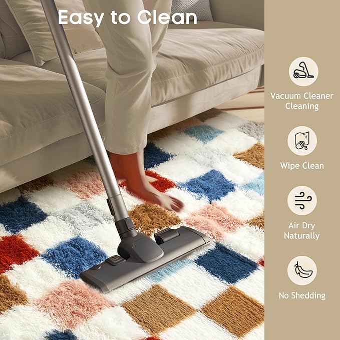Ophanie Checkered Rainbow Rug for Living Room Bedroom, Colorful Fluffy Soft - Image 6