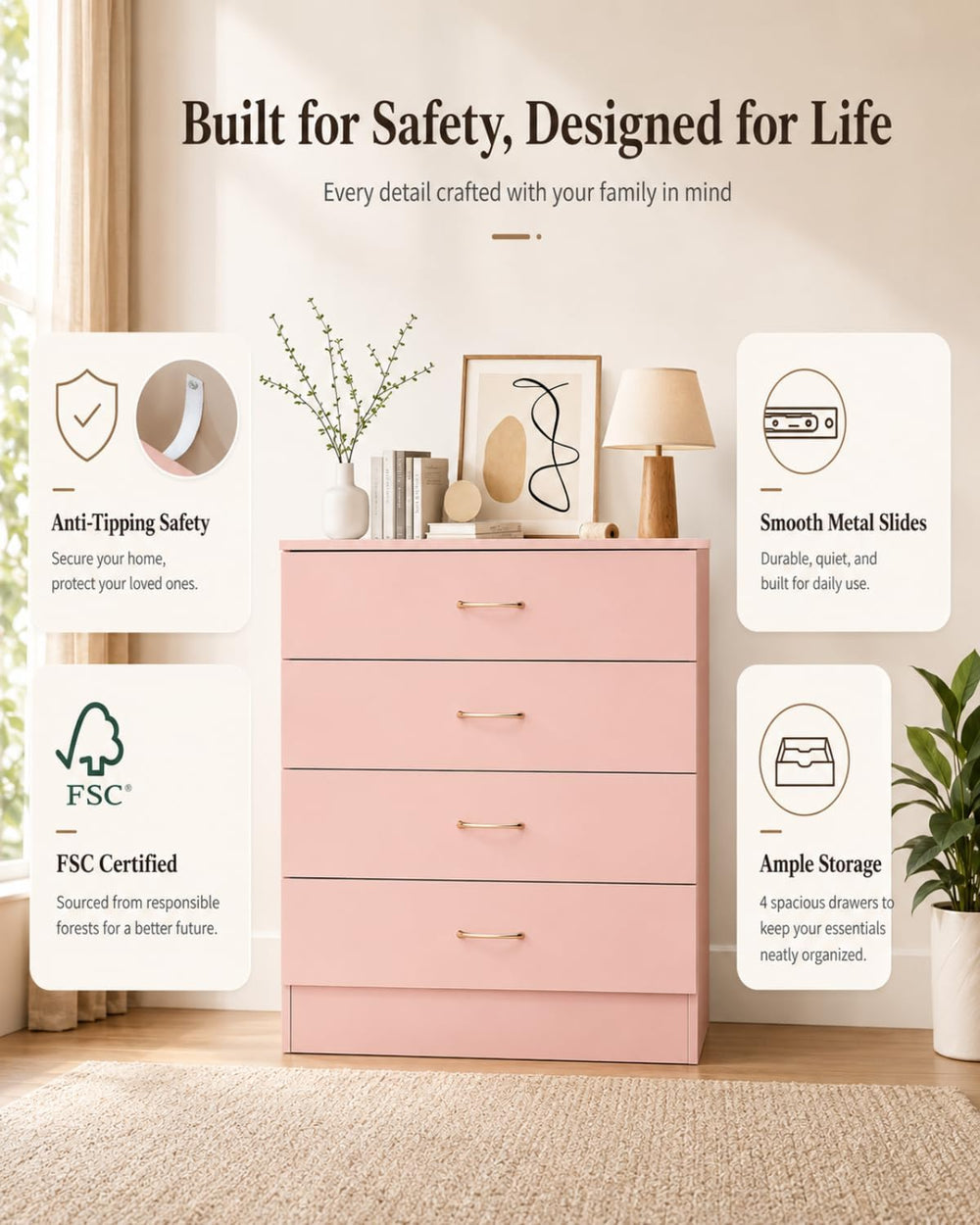 Karl home Pink 4 Drawer Dresser, Modern Small Chest of Drawers