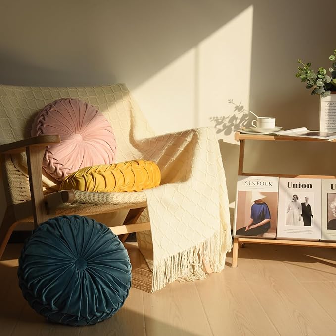 HIG Set of 2 Red Ruched Velvet Round Throw Pillows – 14.5’’ Decorative Pillows - Image 8