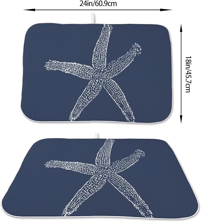 Coastal Beach Dish Drying Mat 18 x 24 inch, Summer Navy Blue Starfish - Image 2