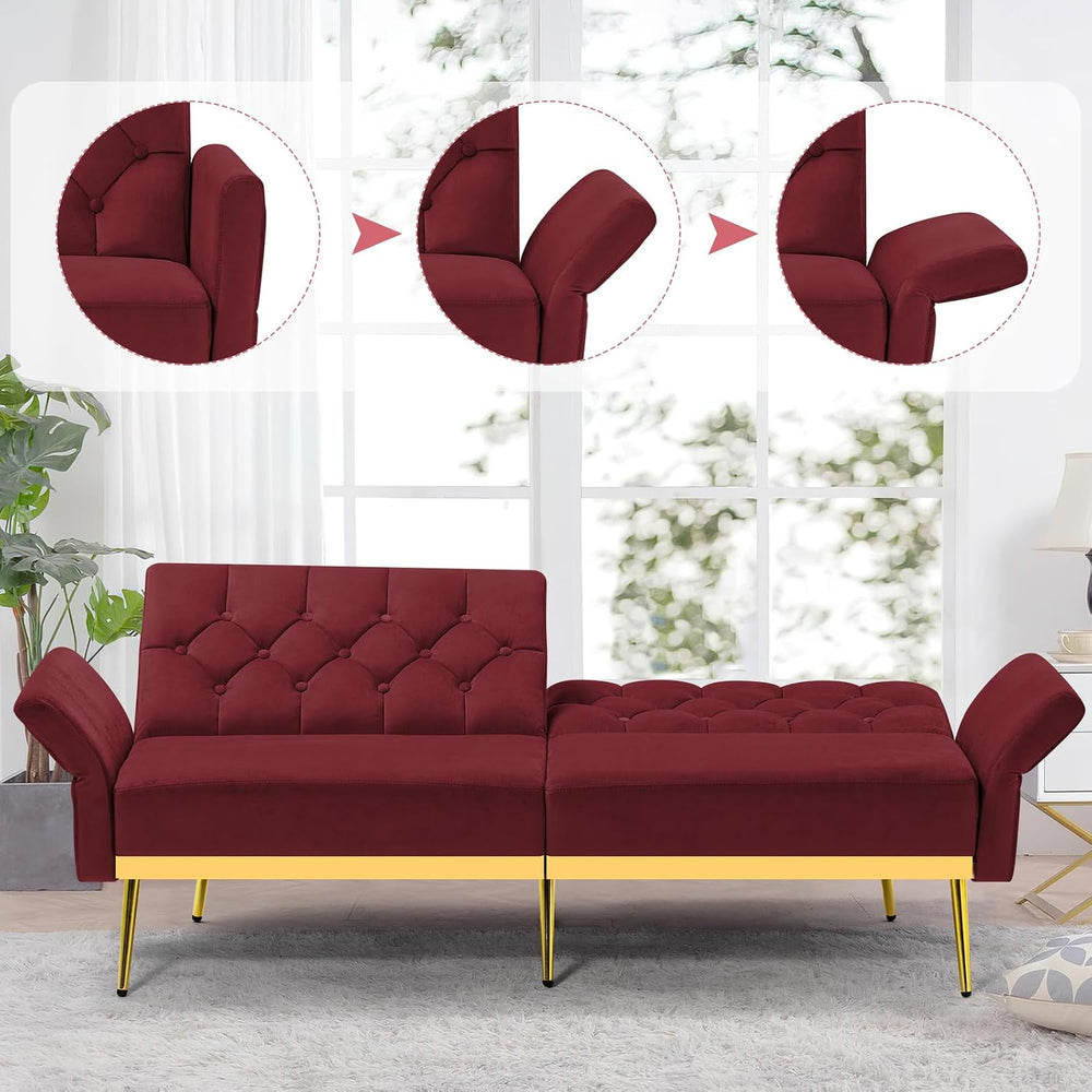 Velvet Sofa Bed w/Adjustable Armrests & Backrests, Red