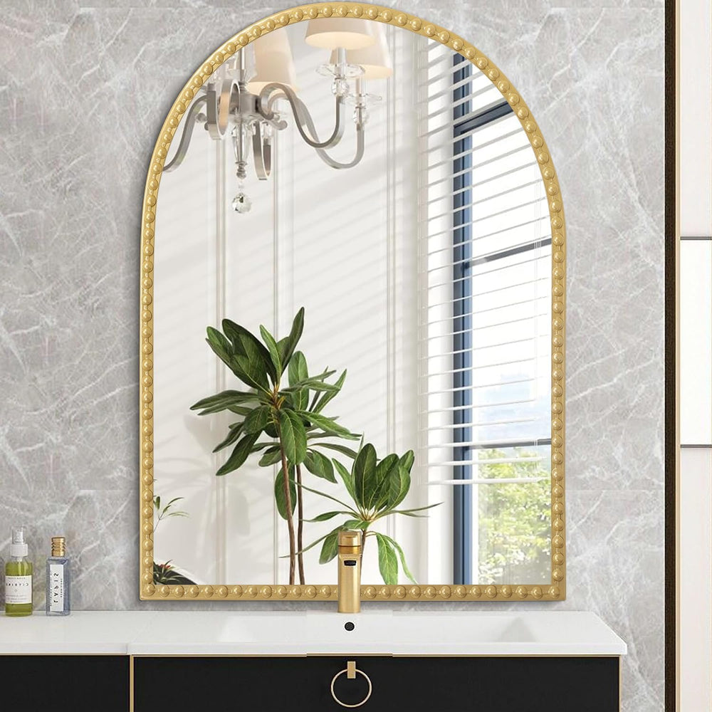 Large Gold Arch Mirror for Bathroom, Metal Beaded Frame 36"x24" Arc...