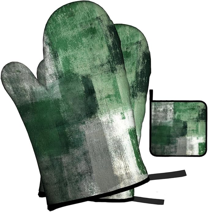 LOKMU Oven Mitts and Pot Holders Set of 3, Emerald Green and Grey White - Image 2