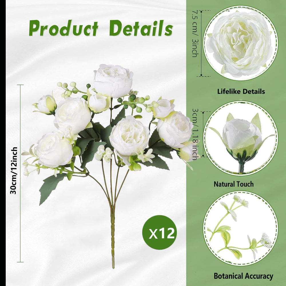 Peonies Artificial Flowers 12 Bouquets,White Flowers Lifelike Silk Fake Peoni...