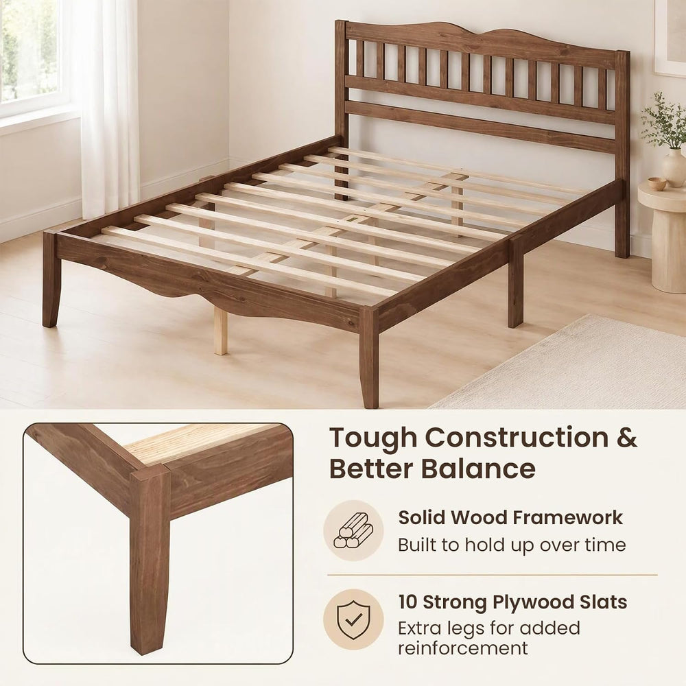 KOMFOTT Full Size Bed Frame, Farmhouse Wooden Bed with Slatted Headboard