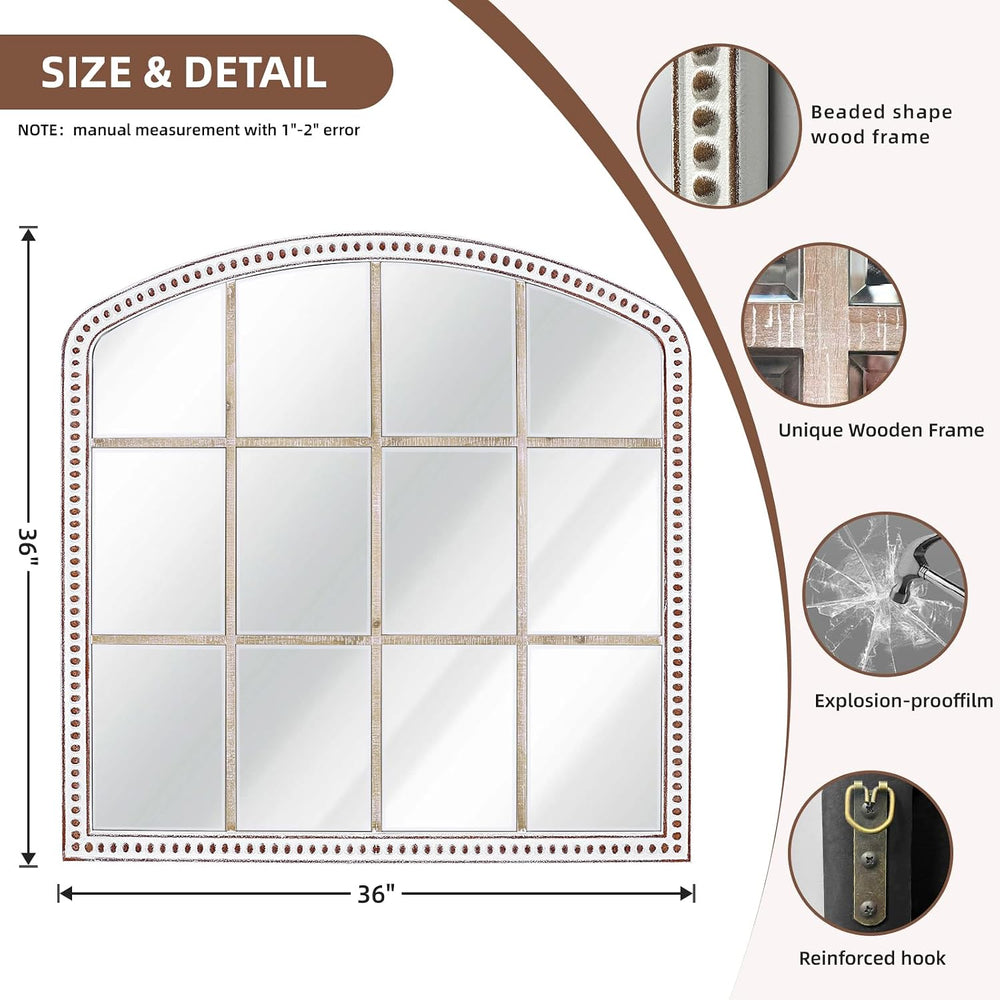 36x36 Inch Farmhouse Arched Window Mirror, Distressed Wooden Wall Mirrors