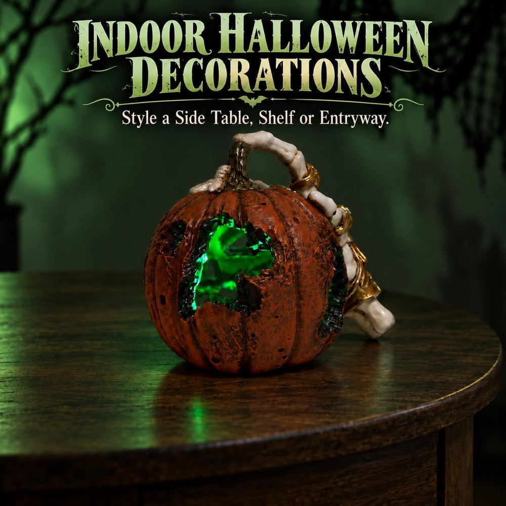 Halloween Jack O Lantern with Skeleton Hand, Green LED Pumpkin Light