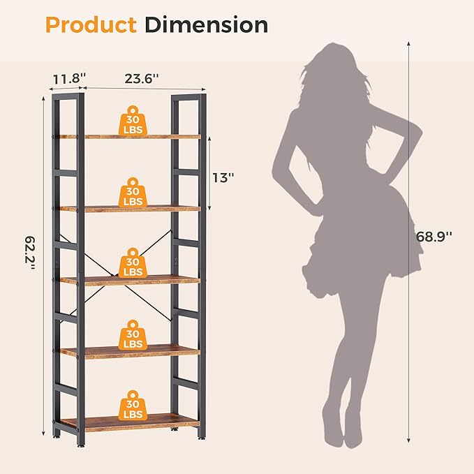 DUMOS 5-Tier Bookshelf, Modern Tall Bookcase, Open Storage Display Shelf - Image 3