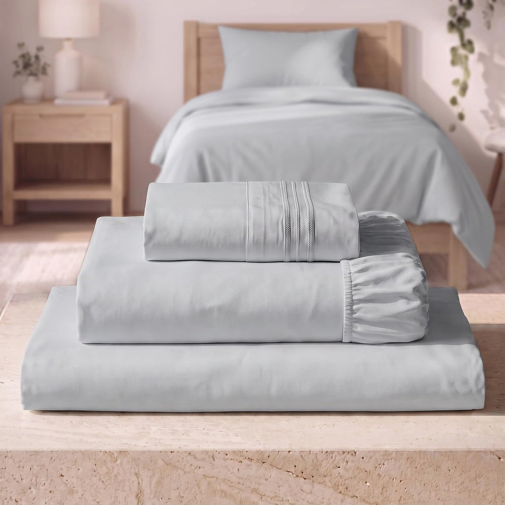 Mellanni Iconic 3-Piece Bed Sheet Set, 16" Deep Pocket (Twin, Light Gray)