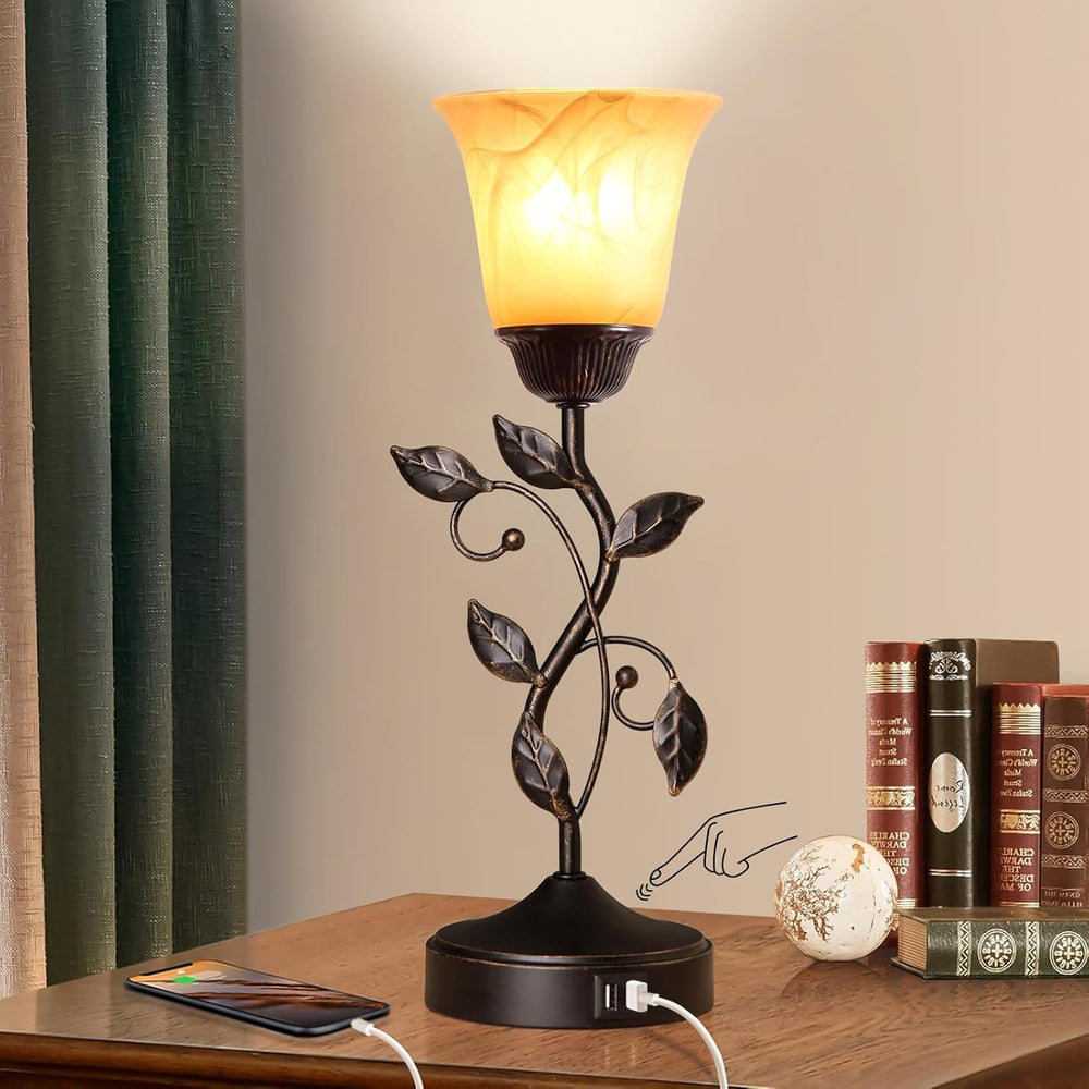 Touch Control Leaf Vintage Table Lamp with 3-Way Dimmable 2 USB C+A Ports