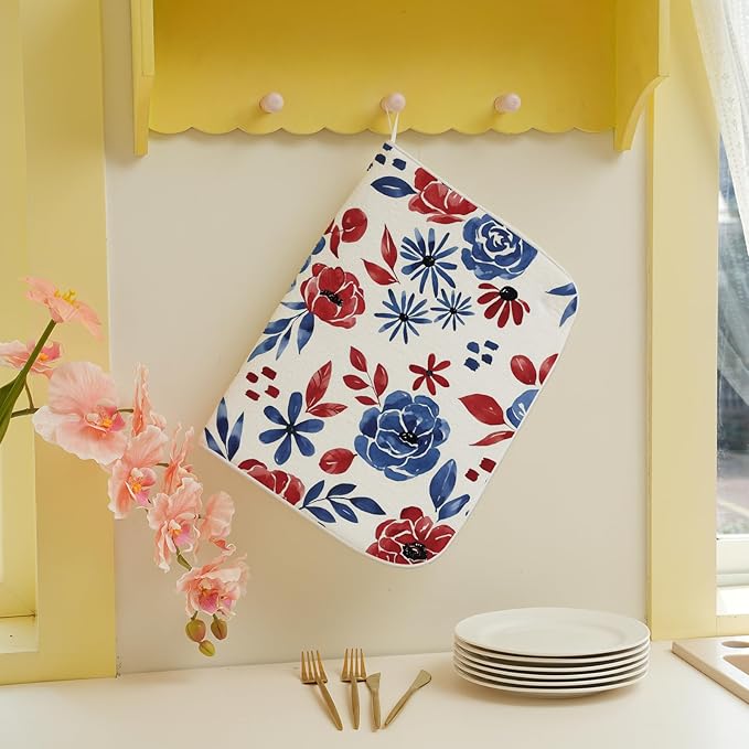 Red Blue Floral Dish Drying Mat 18x24 Inch Vintage 4th of July Drying Mat - Image 3