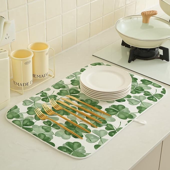 St Patricks Day Dish Drying Mat 18 x 24 inch Dark Green Clover Print Decorative - Image 4