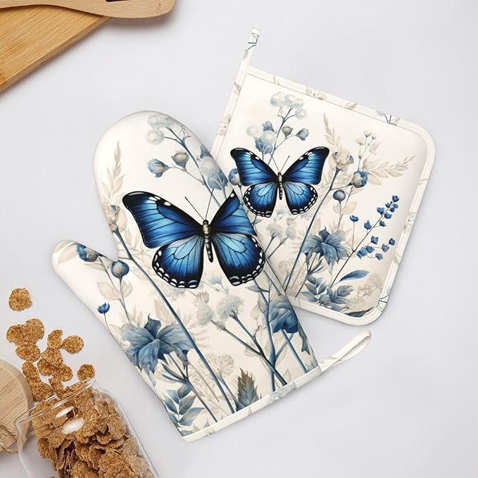 Oven Mitts and Pot Holders Butterfly Blue Flower Boho Silicone Kitchen - Image 8
