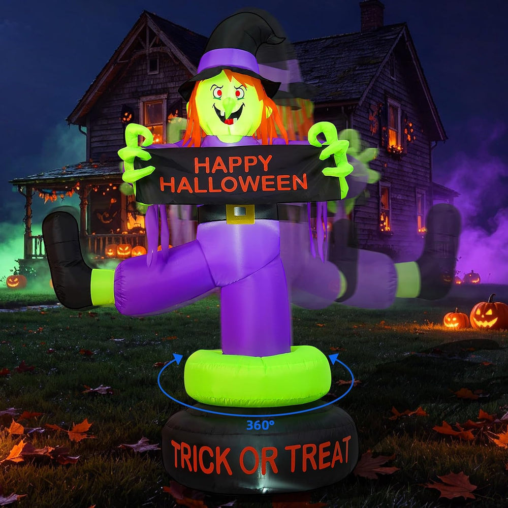 6FT Rotating Halloween Inflatables Outdoor Witch, 360° Swivel Base Lighted wi...