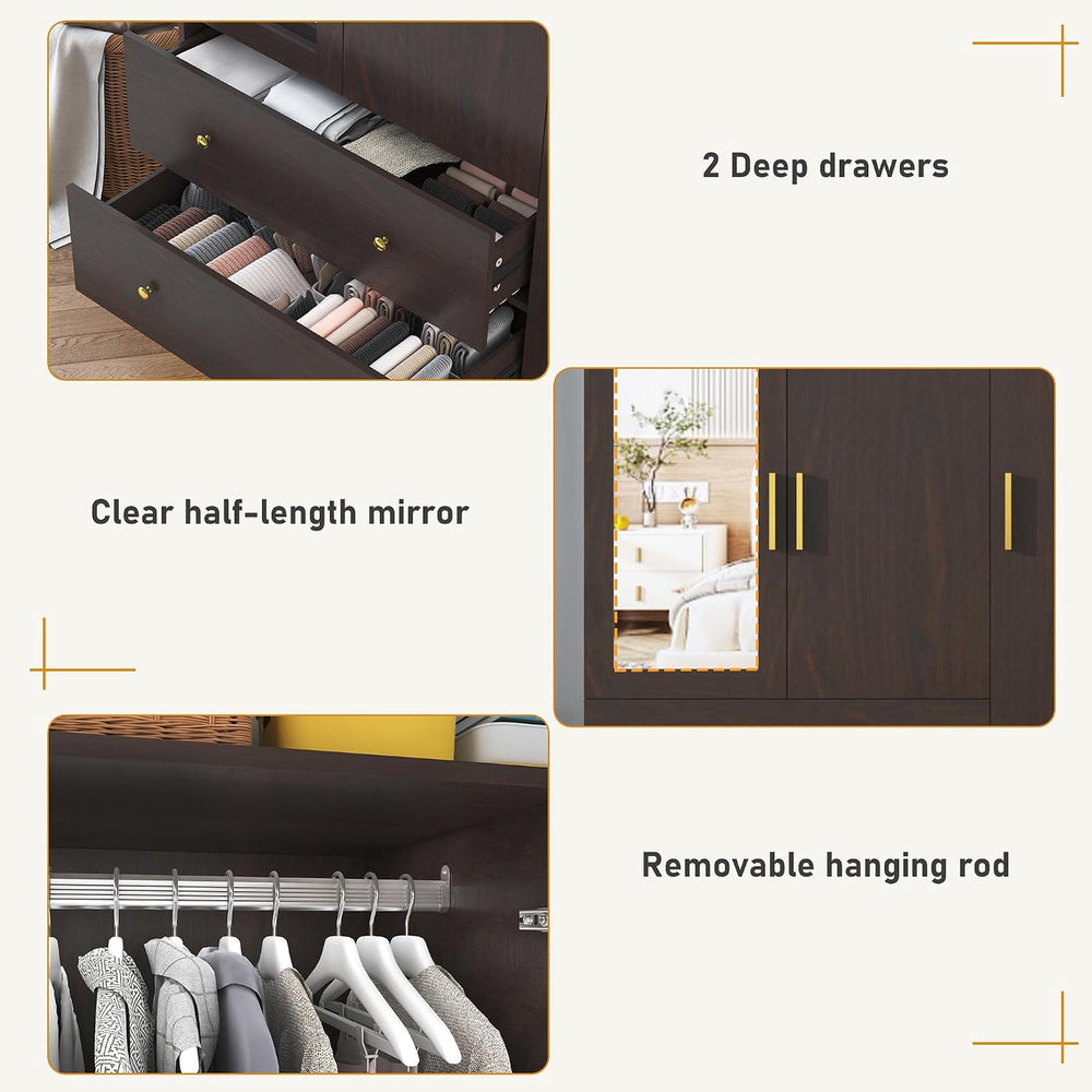 chartustriable 3 Doors Armoire Wardrobe Closet with Mirror, LED Armoire with ...