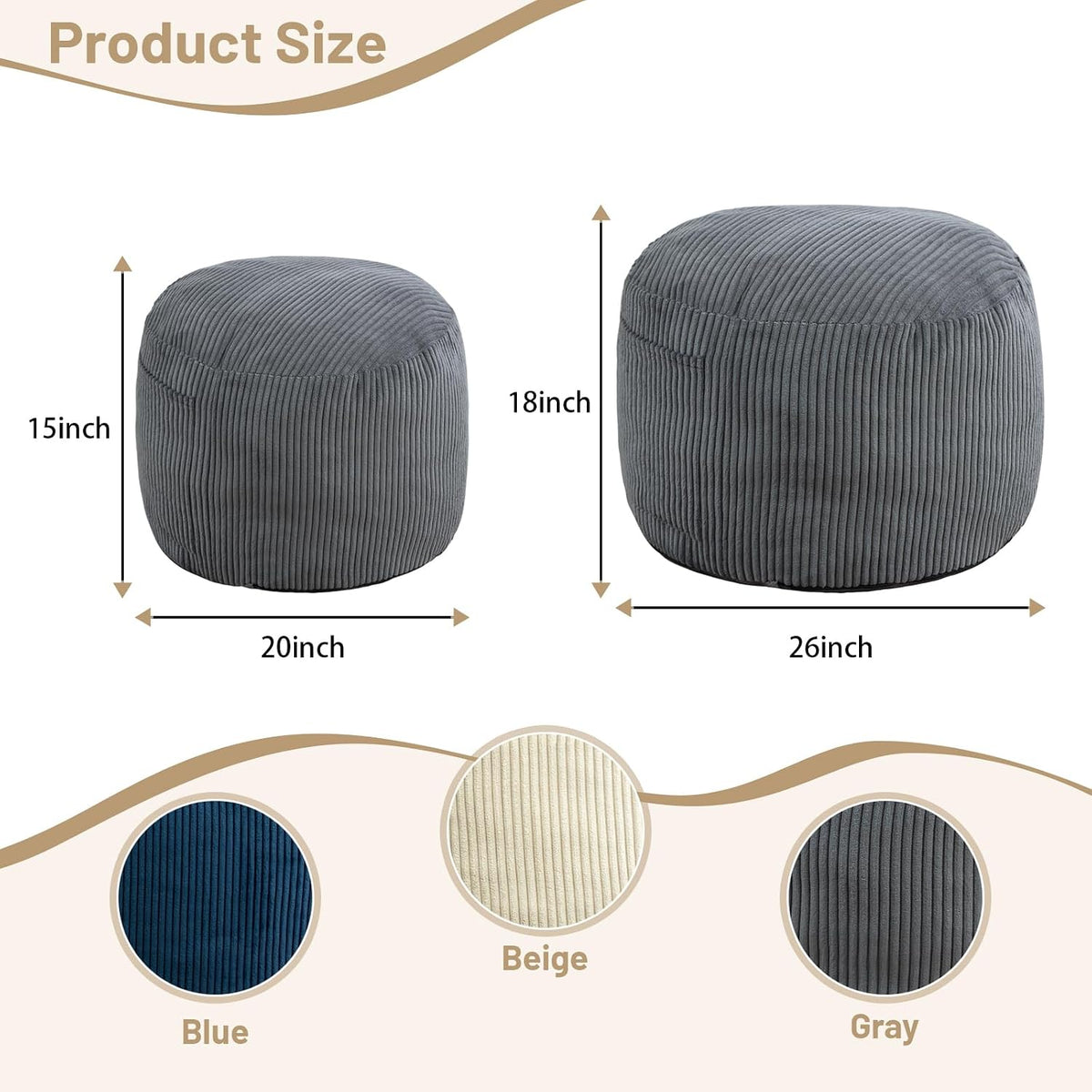 round stuffed pouf ottoman (gray, 20" d x shown in use