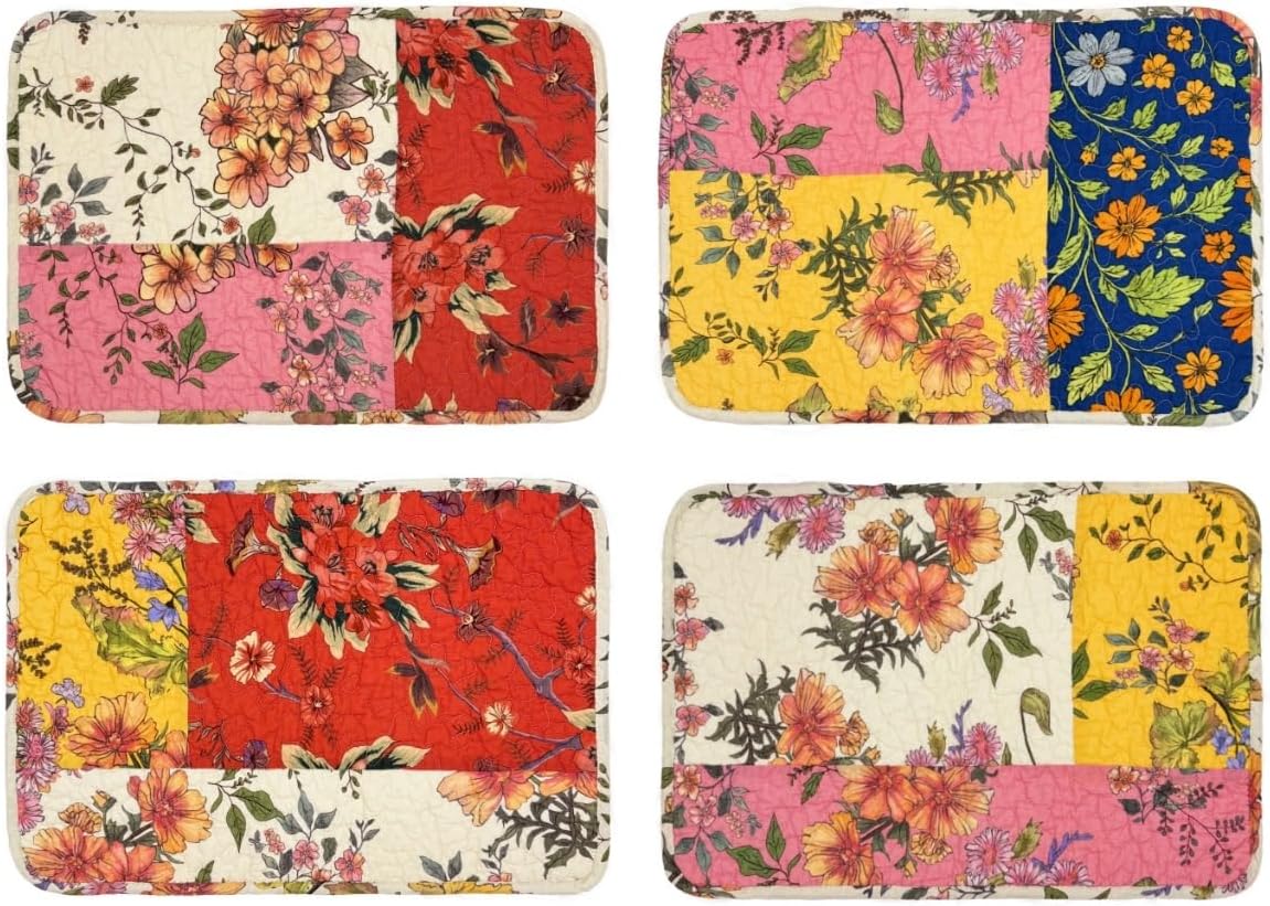 4-Piece Floral Patchwork Quilted Placemats, Original | 13 x 19 inch, reversible quilted cotton, four distinctive designs, machine washable, gift-ready packaging