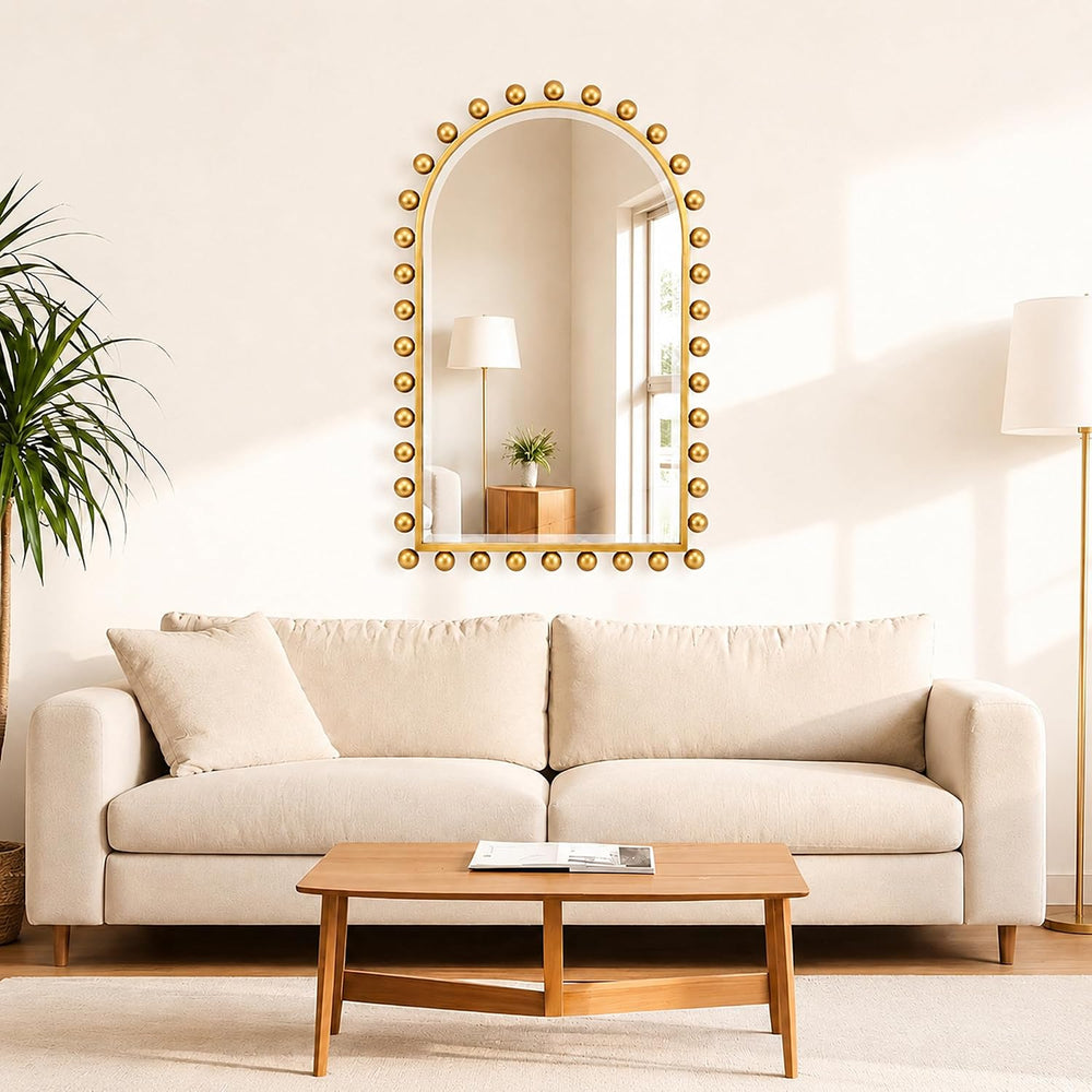 24x36 Inch Arched Wall Mirror, Antique Gold Beaded Beveled Glass