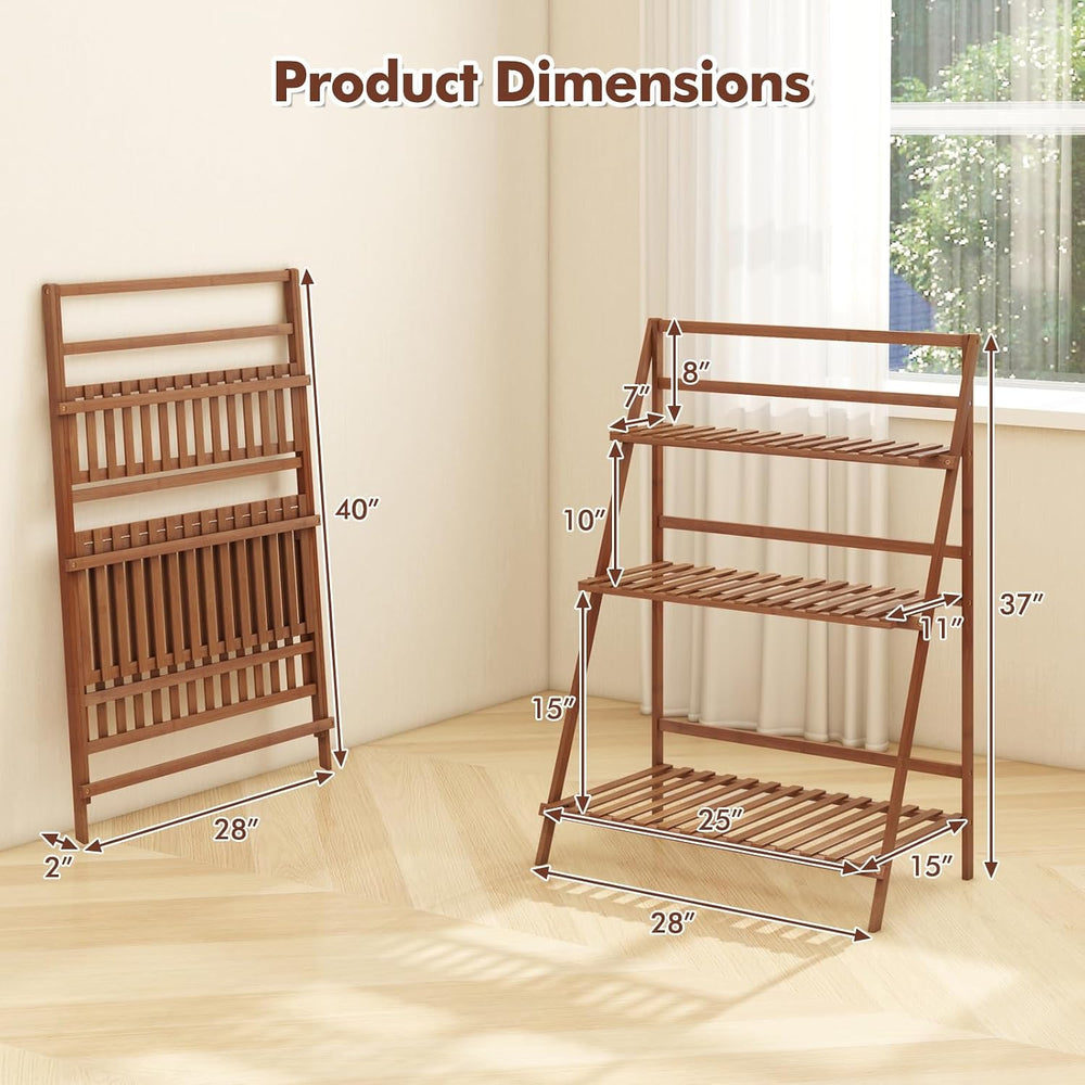 COSTWAY Bamboo Plant Stand, Foldable Multifunctional Flower Display Ladder Sh...