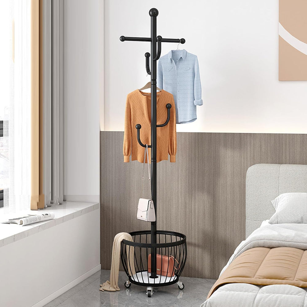 Floor Standing Coat Rack with Storage Basket and Wheels,Carbon Steel Hall Tre...
