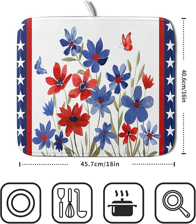 Giwawa 4th of July Flower Dish Drying Mat 16"x18" Independence Day Stars Dish - Image 2