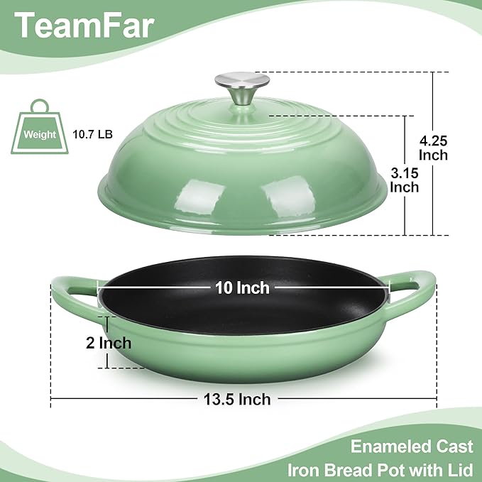 TeamFar Cast Iron Bread Dutch Oven, 6 Qt Enameled Dutch Oven Pot