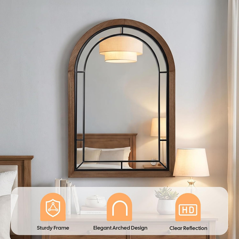 Arched Wall Mirror 36x24 Inch Rustic Wood Frame, Arch Brown