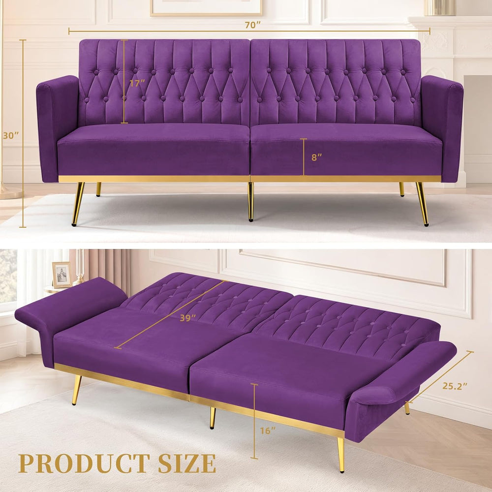 70” Velvet Futon Sofa Bed w/Adjustable Armrests, Purpel