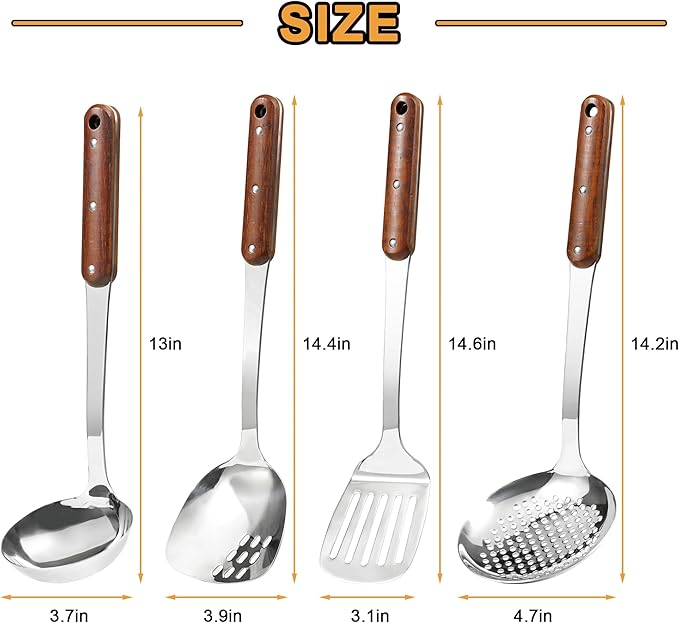 FJNATINH Stainless Steel Wok Spatula, Slotted Spatulas, Skimmer Ladle Tool Set - Image 3