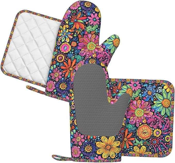 Oven Mitts and Pot Holders Set, Colorful Flower Art Silicone Kitchen - Image 2