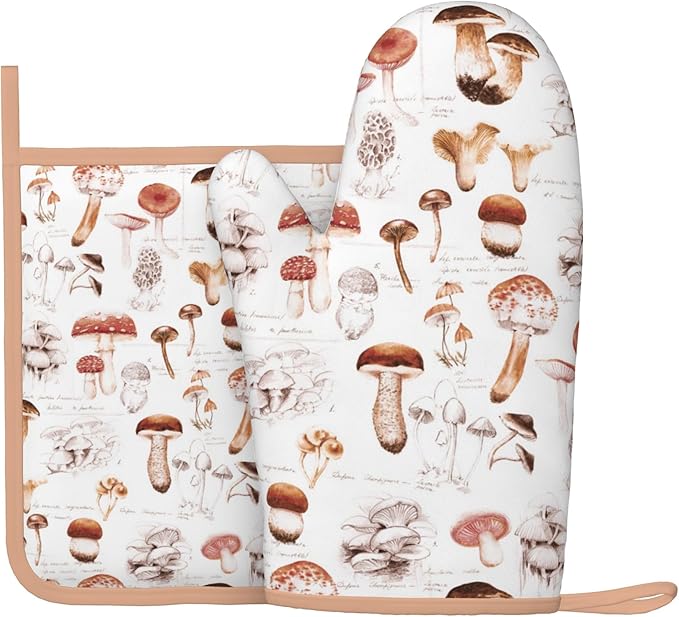 Mushroom Silicone Oven Mitts Pan Mats Set of 2, Heat Resistant Gloves Potholder by Cayiibe
