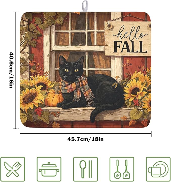 Fall Dish Drying Mat for Kitchen Counter Vintage Autumn Cat Sunflower Pumpkin - Image 2