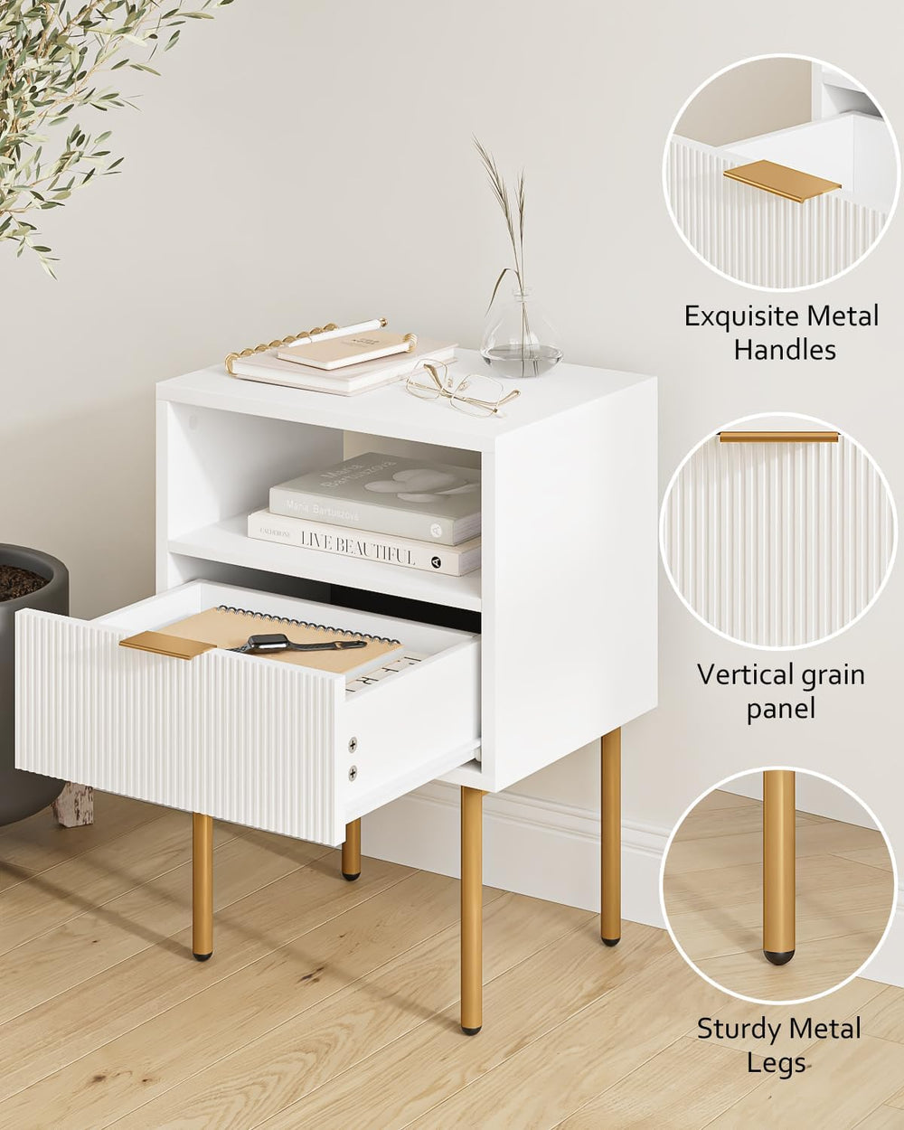 Masupu Nightstand,Mid-Century Modern Bedside Table with Storage Drawer and Op...