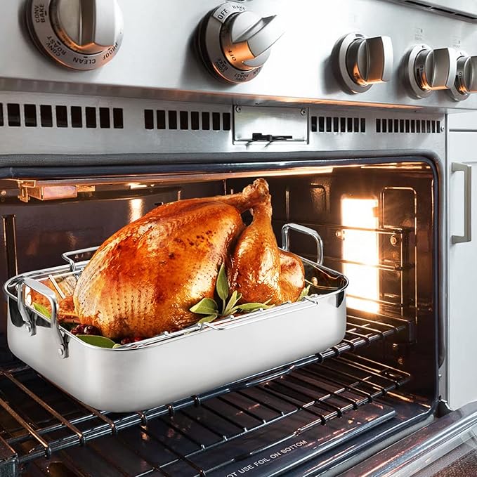 JY COOKMENT Roasting Pan with Baking Rack, 16.5 Inch Stainless Steel Turkey - Image 5