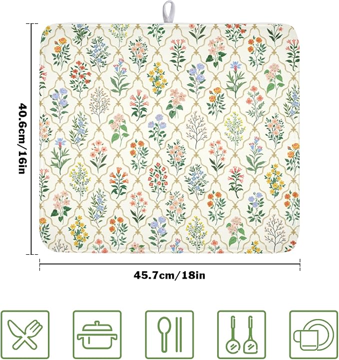 Floral Dish Drying Mat for Kitchen Counter Spring Summer Wild Flowers Diamond - Image 2