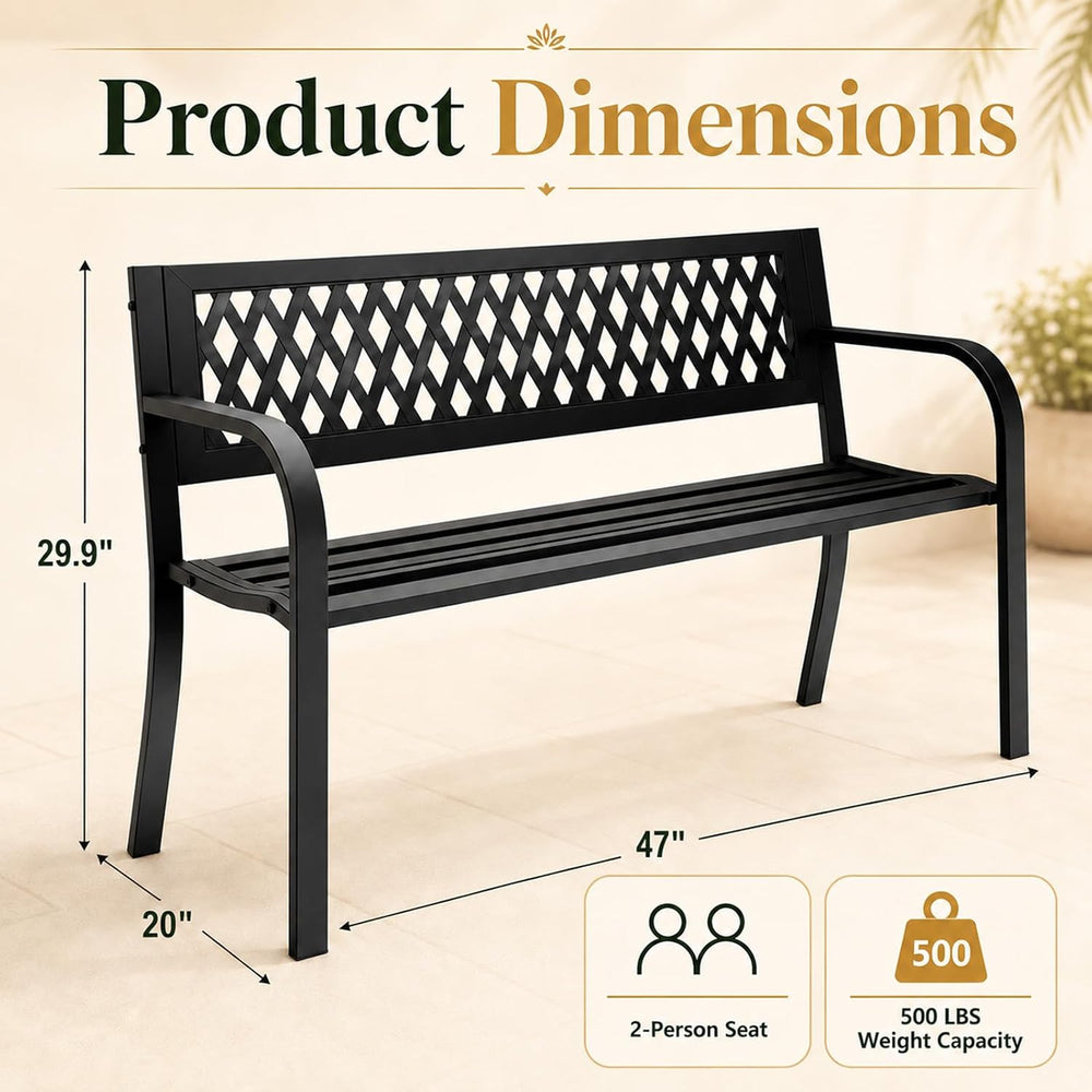47" Outdoor Garden Bench, Metal Patio Bench with Backrest, Black
