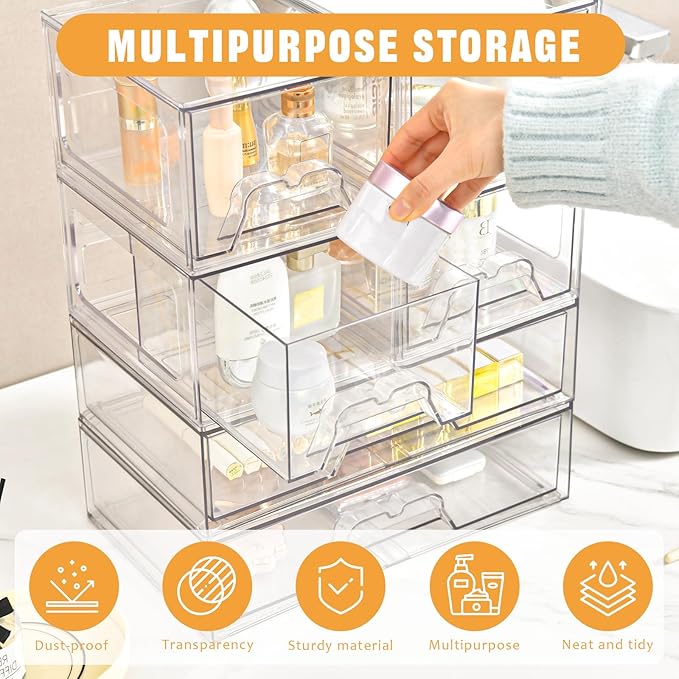 Stebopum 4 Pack Stackable Storage Drawers Clear Acrylic Organizer Bathroom - Image 3