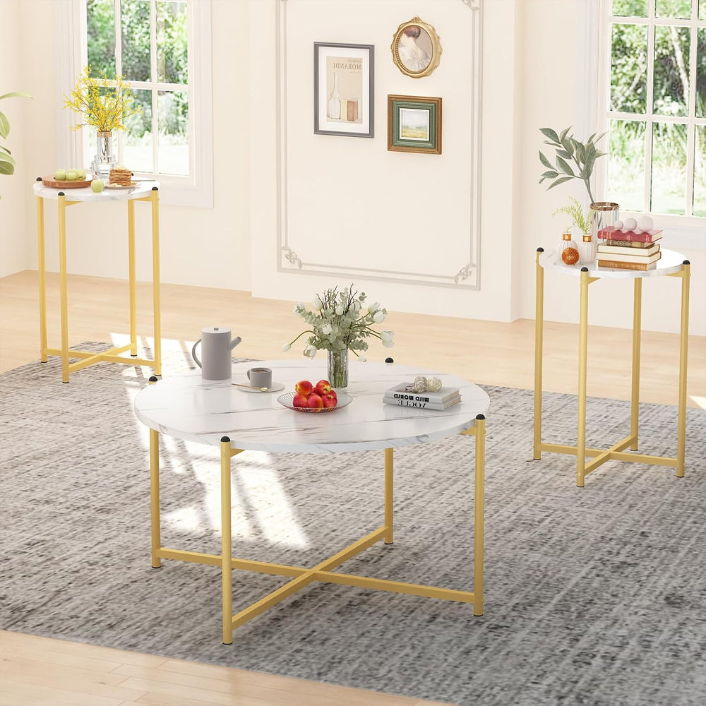 AWQM Faux Marble Coffee Table Set of 3, 1 Coffee Table & 2 Sofa Table, Ro...