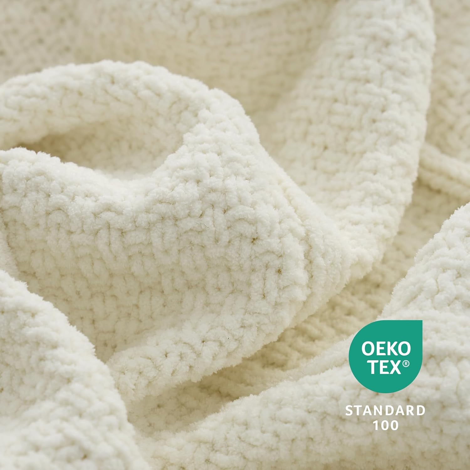 Premium Chenille Throw Blanket, Soft Cozy Moss Stitch Knit Blanket for Couch, Sofa, Chair, Home Decor, Cream White 50"x60"