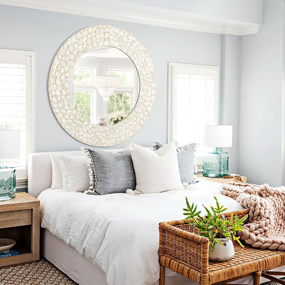 Round Coastal Mirror with Capiz Shell Frame, 36'' Large Circle Bathro...