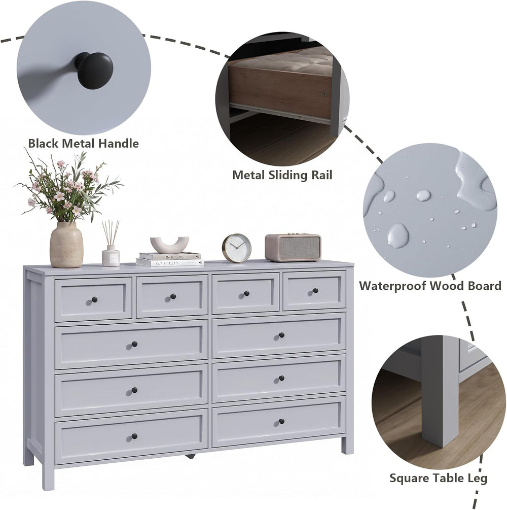 Grey Dresser with 10 Drawers, Farmhouse Chest of Drawers for Bedroom