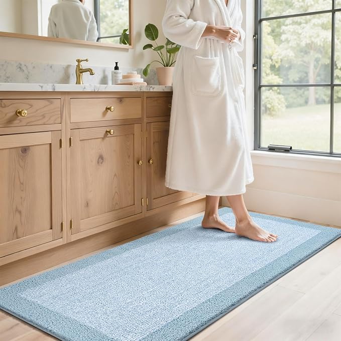 60x24 Long Bathroom Rugs Washable Non Slip, Light Blue Bath Mat - Image 3